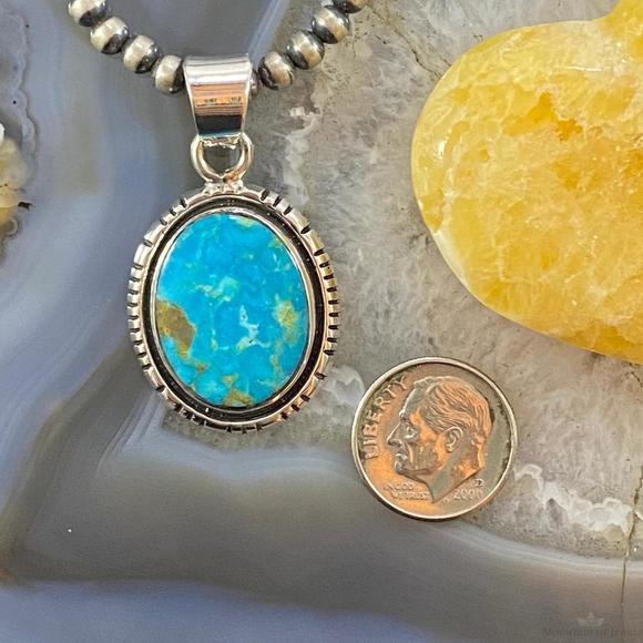 Native American Sterling Silver Blue Ridge Turquoise Oval Pendant For Women - Picture 8 of 10